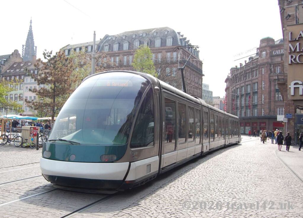 A Strasbourg tram gliding through the historic city centre