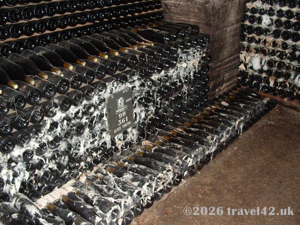 Rows of Burgundy wine bottles ageing in the cellars of Patriarche Père et Fils
