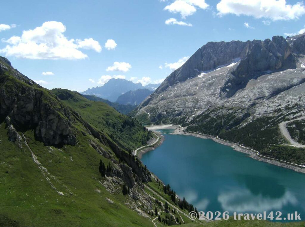 Looking across Lago di Fedaia from the Padon ridge during our hike