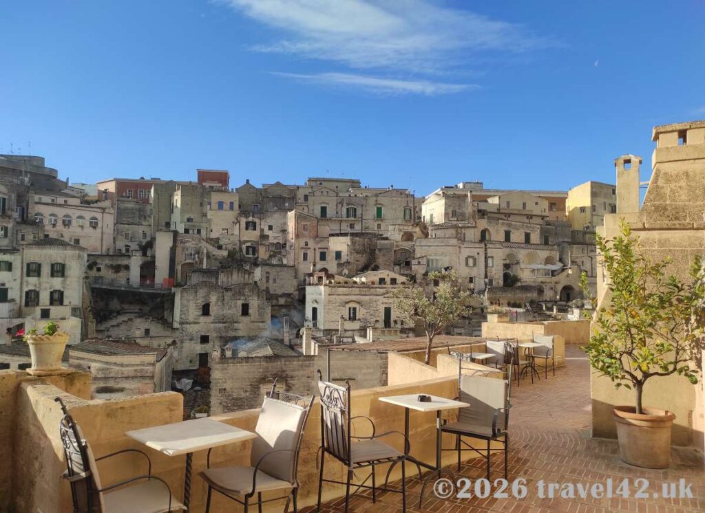 The ancient Sassi of Matera from a sunny terrace