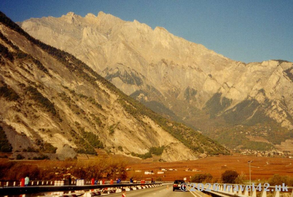 The Dents de Morcles towering above the autumn vineyards of Valais