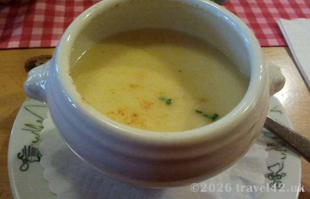 A bowl of traditional Swiss cheese soup